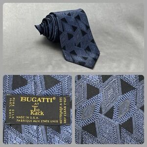 Bugatti Tie Rack Vintage Mens Silk Necktie Blue Black Gray Geometric Chevron 90s